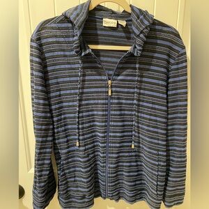 Chico's Women's Blue and Black Striped Zip Hoodie